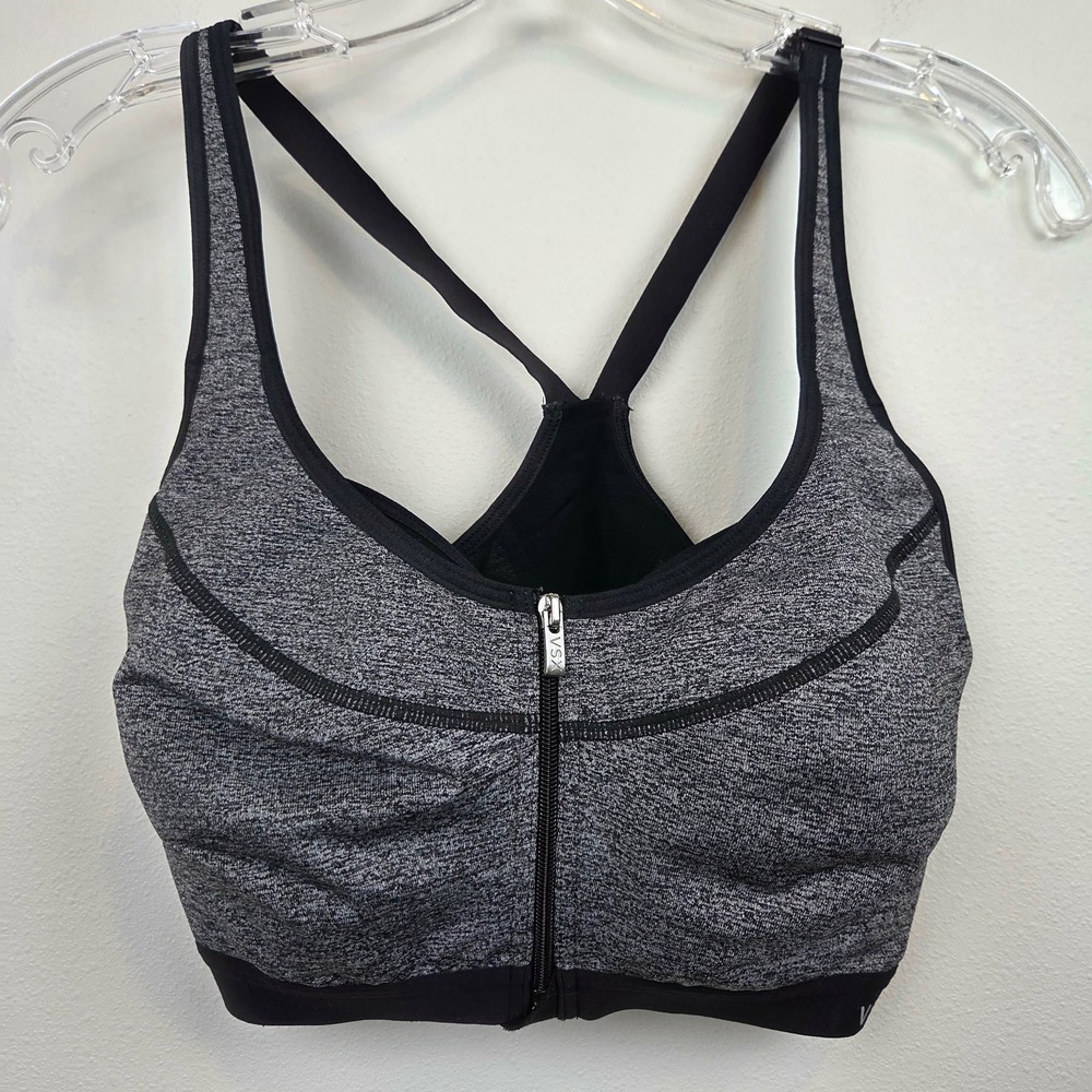 Victoria's Secret VSX Sport Front Zip Sports Bra Black Gray Space Dye 34DD